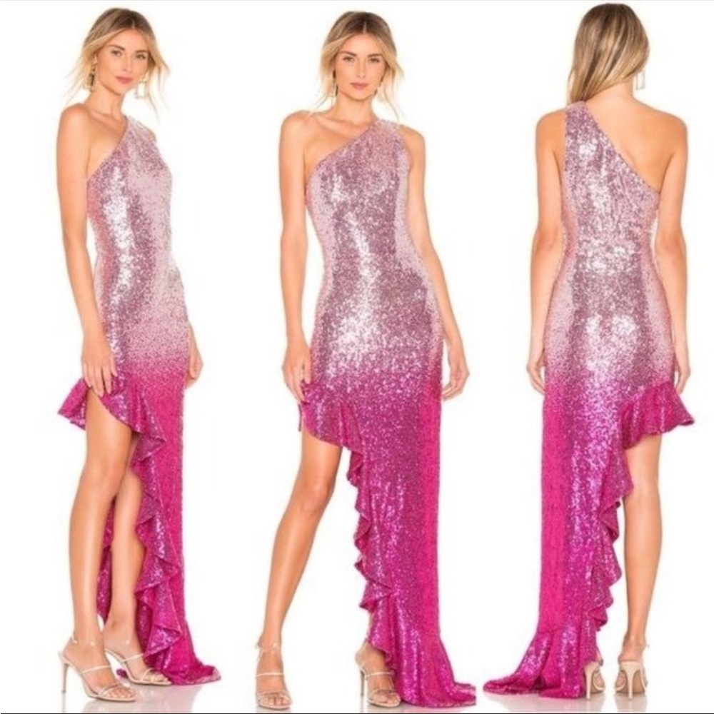 Lovers+Friends Revolve Valentina Pink Ombré Sequin One Shoulder Gown S